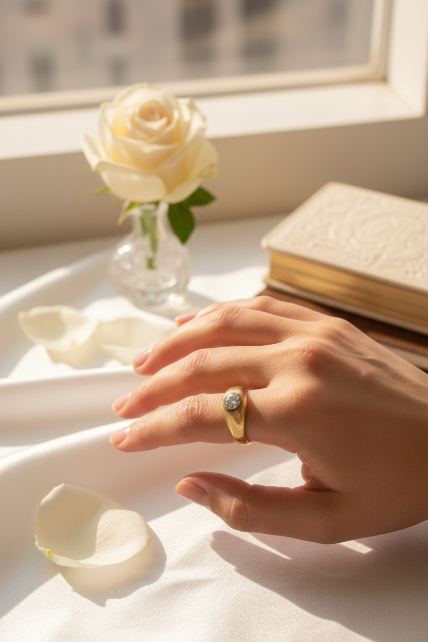 14K gold diamond ring on hand, romantic engagement jewelry lifestyle photo for Pinterest