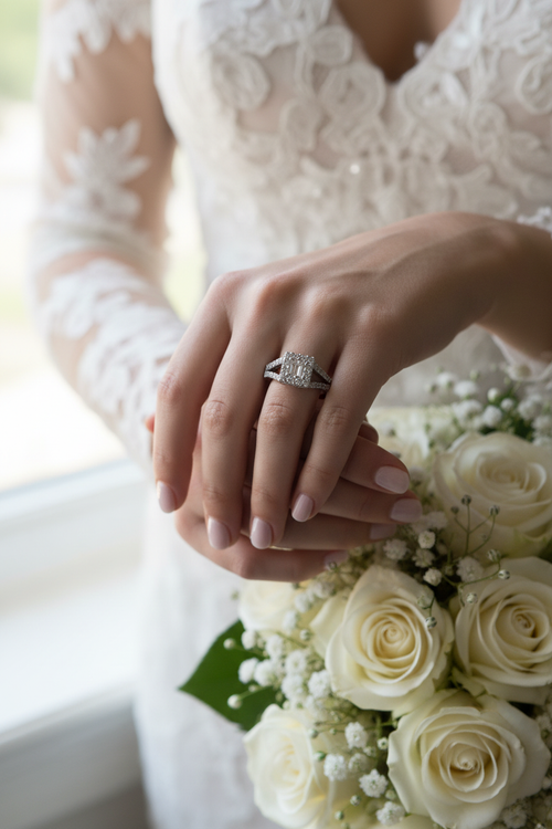 18K white gold halo diamond engagement ring on hand, bridal jewelry lifestyle photo for Pinterest